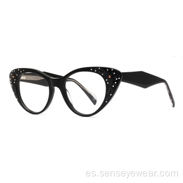 Moda Mujeres Rhinestone Acetate Marco óptico Gafas